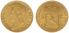 Koninkrijk NL Willem I (1815-1840) - 5 Gulden 1827 B (Sch. 198) - Goud - PR-, variant met open B van Brussel