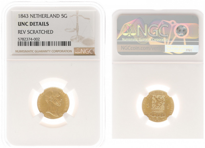 Koninkrijk NL Willem II (1840-1849) - 5 Gulden 1843 (Sch. 503/RR) - Gold - in sl...