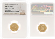 Koninkrijk NL Willem II (1840-1849) - 5 Gulden 1843 (Sch. 503/RR) - Gold - in slab NGC UNC DETAILS, rev. scratched, very rare, mintage 1595 pcs