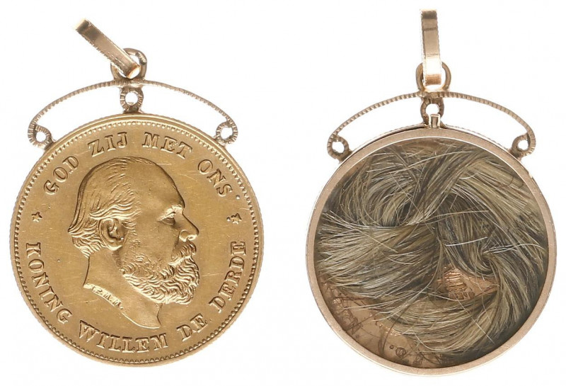 Koninkrijk NL Willem III (1849-1890) - Gold commemorative pendant with lock of h...