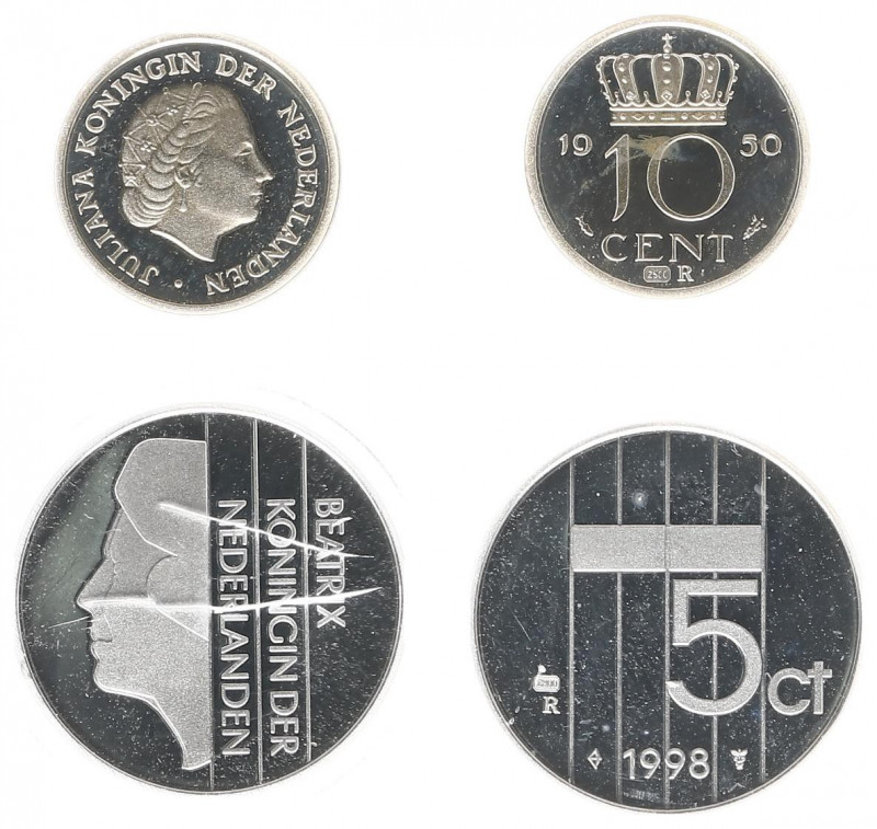 Koninkrijk NL Juliana (1948-1980) - 10 Cent 1950 en 5 cent 1998 - replica's in z...