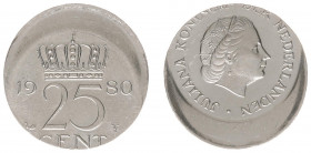Misslagen en afwijkingen Koninkrijk NL - 25 Cent 1980 - MISSLAG - excentrisch geslagen petje, nog 4 mm ongestempeld oppervlak - 19,7 à 20,0 mm - UNC