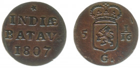 Nederlands-Indië - Onder het Koninkrijk Holland en het Franse Keizerrijk (1806-1811) - Java - Duit 1807 (Scho. 556) - patina - PR