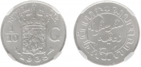 Nederlands-Indië - Nederlands-Indisch Gouvernement (1816-1949) - 1/10 Gulden 1938 (Scho. 852) - in NGC-slab MS 66