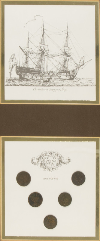 5 VOC Duiten in a frame together with picture of a Dutch East Indiaman (VOC ship...