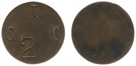 Curaçao - Brass token C.T.C. possibly Curacao Trading Company (Scho. - / Rul. Cur -) - c/m large '2' - Rev. Blank - VF / rare