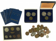Collection coins and medals in box, products KNM incl. FDC sets, zilveren dukaten en 50 guldens, added sets from Denmark, France etc.