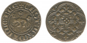 Rekenpenningen / Jetons - Collectie Frans Peters - ca. 1400 - Rekenpenning Brugge ca. 1392-1417 (Dugn.28) - VZ Beer lopend n.l., 3 rozen erboven / KZ ...
