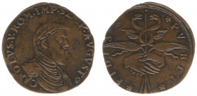 Rekenpenningen / Jetons - Collectie Frans Peters - 1552 - Rekenpenning Brabant (Dugn.1864, vgl. vMieris293.7) - VZ Borstbeeld Karel V n.r. / KZ 2 inee...