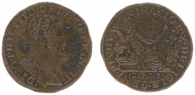 Rekenpenningen / Jetons - Collectie Frans Peters - 1555 - Rekenpenning 'Troonsbestijging Philips II' (Dugn.2055, vLoon.7.3) - VZ Borstbeeld n.r. / KZ ...