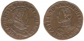 Rekenpenningen / Jetons - Collectie Frans Peters - 1570 - Rekenpenning Utrecht 'Philips II en Isabella' (Dugn.2529, vOrden133, Tas105) - VZ Geharnast ...