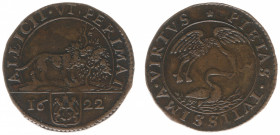 Rekenpenningen / Jetons - Collectie Frans Peters - 1622 - Rekenpenning Gelderland 'Beleg van Bergen op Zoom' (Dugn.3796, vOrden1157, Tas458) - VZ Leeu...