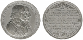 Historiepenningen - 1672 - Penning 'Moord op de gebroeders De Witt te 's-Gravenhage' (vLoon87.3, PR.1585) - VZ Dubbel borstbeeld n.r. / KZ Acht-regeli...