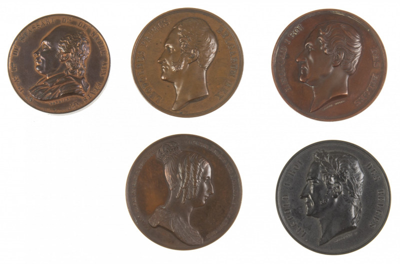 World - Lot of 5 Belgian medals: Death of Louise Marie 1850, First railway 1837,...