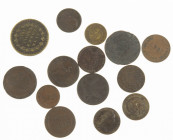 World - Interesting lot of 14 English tokens and such 18th-19th century incl. half penny Warwickshire Donalds 1792, Prince Edward Island 1857, false 3...