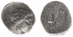Italy - Lucania - Metapontum - AR Nomos / Stater (c. 330-280 BC, 7.93 g) - Head of Demeter right wearing grain wreath, triple-drop earring and necklac...