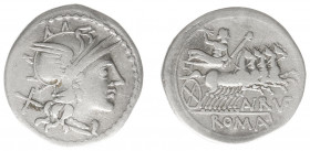 Later-Denarius Coinage (ca. 154-41 BC) - Aurelius Rufus - AR Denarius (Rome 144 BC, 3.74 g) - Helmeted head of Roma right, X behind / Jupiter driving ...