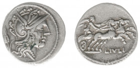 Later-Denarius Coinage (ca. 154-41 BC) - L. Julius - AR Denarius (Rome 101 BC, 3.98 g) - Helmeted head of Roma right, corn ear behind / Victoria drivi...