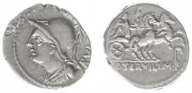Later-Denarius Coinage (ca. 154-41 BC) - P. Servilius M.f. Rullus - AR Denarius (Rome 100 BC, 4.01 g) - RVLLI Helmeted bust of Minerva left wearing ae...