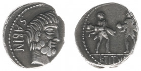 Later-Denarius Coinage (ca. 154-41 BC) - L. Titurius L.f. Sabinus - AR Denarius (Rome 89 BC, 3.89 g) - Bareheaded and bearded head of King Tatius righ...