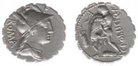 Later-Denarius Coinage (ca. 154-41 BC) - C. Poblicius Q.f. - AR Denarius (Rome 80 BC, 3.86 g) - ROMA Draped bust of Roma to right, wearing helmet with...