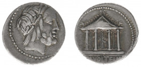 Later-Denarius Coinage (ca. 154-41 BC) - M. Volteius M.f. - AR Denarius (Rome 75 BC, 3.95 g) - Laureate and bearded head of Jupiter right / Tetrastyle...