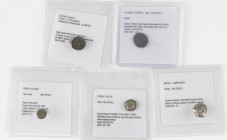 A small lot with 5 Greek small coins: 3/4 Obol Tarsos, Diobol Lampsakos, Hemi-obol Caria, Obol Selge and a Diobol Thourioi - in total 5 coins in sever...
