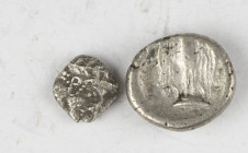 A small lot of 2 Greek silver coins: an AR 1/12 Stater of Phoenicia, Arados (Laureate and bearded head right / gally, cf. BMC 45ff) and an AR Drachm o...