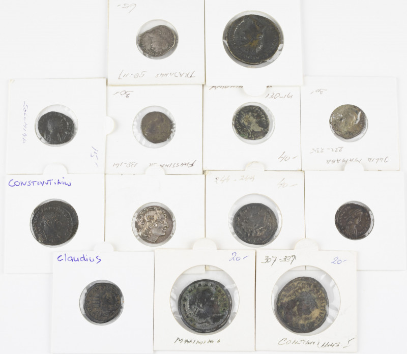 A small lot Roman coins including 4 Denarii (Faustina Mater, Traianus, Ant. Pius...