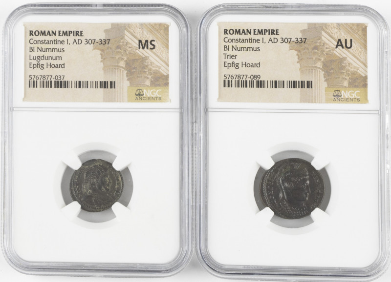 2 Coins of Constantine I each in NGC SLAB, globe on altar RIC vii, p190 - AU; tw...