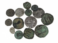 A mixed lot ancient coins: 3 silver Tetradrachms (Pamphylia/Side, Athena/Nike, c/m Seleucid anchor, Thassos after 148 BC and a Ptolemaic piece), 3 Rom...