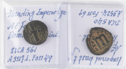 A small lot with 2 Arab-Byzantine coins: an AE Fals Hims mint, imperial bust type (SICA 540 / Foss 69) and an AE Fals Damascus mint, standing Emperor ...