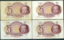 Netherlands - 25 Gulden 1945 Meisje in blauw (Mev. 80-1a+b / AV 52.1a+b) - met klassieke serienummers (2x) en moderne serienummers (2x) - F/ZF - Totaa...
