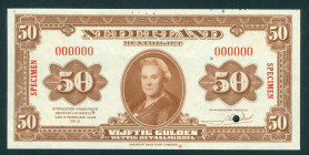 Netherlands - 50 Gulden 1943 Muntbiljet Wilhelmina SPECIMEN op VZ 2x verticaal in rood met 1 ronde perforatie en op KZ 2x horizontaal in rood (Mev. 98...