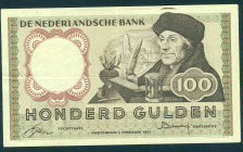 Netherlands - 100 Gulden 1953 Erasmus 'Misprint' (Mev. 121-1 / AV 85.1b) - top margin ink smudge from previous undried sheets (abklatsch) - wide seria...