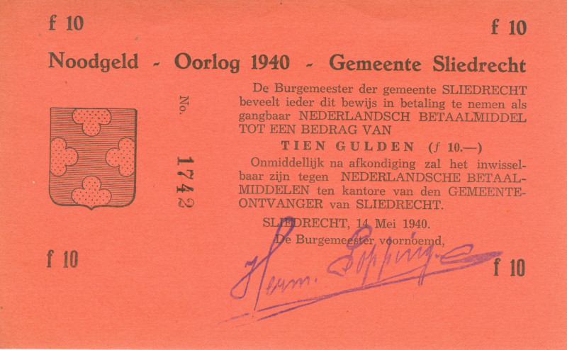 Netherlands - Noodgeld - Sliedrecht - Gemeentelijk noodgeld WO II - 10 Gulden 14...