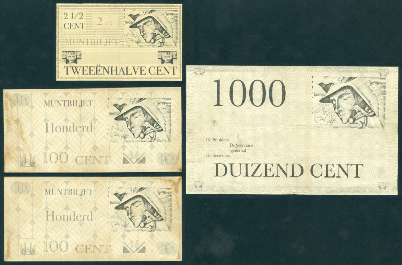 Netherlands - Overige - 2½ Cent Muntbiljet, 100 Cent (2x) + 1000 Cent z.j. Mercu...