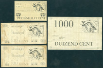Netherlands - Overige - 2½ Cent Muntbiljet, 100 Cent (2x) + 1000 Cent z.j. Mercuriuskop; vgl. ontwerp Luchtpostzegels no. 6-8 uit 1929 van Jac. Jonger...