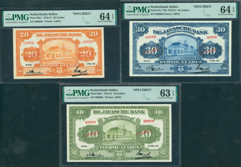 Dutch Indies - 20 Gulden, 30 Gulden en 40 Gulden 1920 Javaanse Bank SPECIMEN dia...