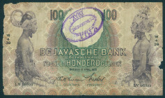 Dutch Indies - 100 Gulden 18.4.1939 Javaanse dansers (P. 82 / ON 269 / H-139 / PLNI23.5) - oval purple stamp 'KNIL detachement BIAK' in wmk. area - pa...