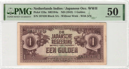 Dutch Indies - Jap. Occupation WW II - 1 Gulden ND (1942) with serial no. SA187438 (P. 123a / H-156 / ON 289 / PLNI25.5a) - PMG a.UNC 50