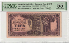 Dutch Indies - Jap. Occupation WW II - 10 Gulden ND (1942) with serial no. SA826333 (P. 125a / PLNI25.7a) - Toning noted on back - PMG a.UNC 55