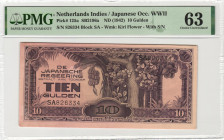 Dutch Indies - Jap. Occupation WW II - 10 Gulden ND (1942) with serial no. SA826334 (P. 125a / PLNI25.7a) - Toning noted on back - PMG Choice UNC 63