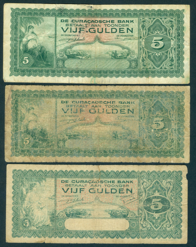 Curaçao - 5 Gulden 1943 Harbor view (P. 25 / PLNA13.1) - Total 3 pcs. in VG, VG ...