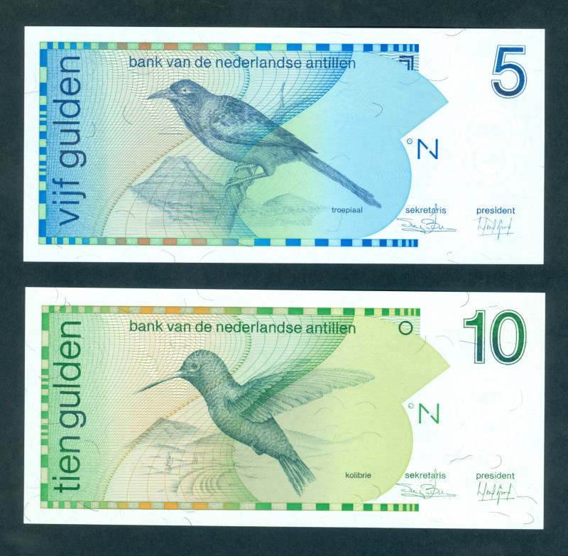 Nederlandse Antillen - 5 + 10 Gulden 31.3.1986 Troepiaal en kolibri (P. 22a, 23a...