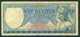 Suriname - 5 Gulden 1963 (P. 120 / PLS16b2.1) - reprint 1966 smal font of series - serie F 054686 - F