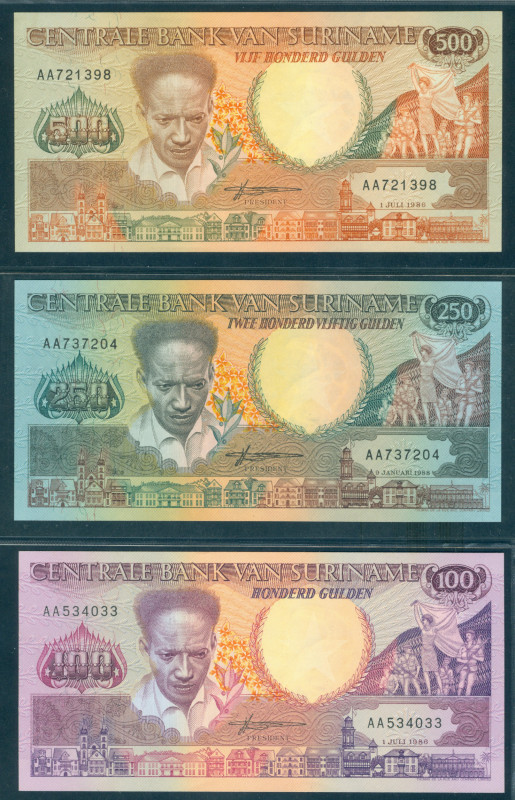 Suriname - Anton de Kom series; 5-10-25-100-500 gulden 1986 + 250 gulden 1988. (...