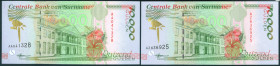 Suriname - 10.000 Gulden 5.10.1997 green factory on rev. # AA0412328 & 10.000 Gulden 5.10.97 red factory on rev. #AZ636925 (P. 144 & 145) - UNC