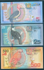 Suriname - Indigenous bird series 5-25-500 gulden 2000 (P. 146-148-150 / PLS 22.1aR-22.3aR-22.5aR) all replacements. Total 3 pcs UNC