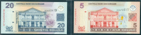 Suriname - Central Bank series; 5-20 dollar 1 may 2009 (P. 157-159 / PLSD2.1.a3-2.3.a4) 2 pcs UNC